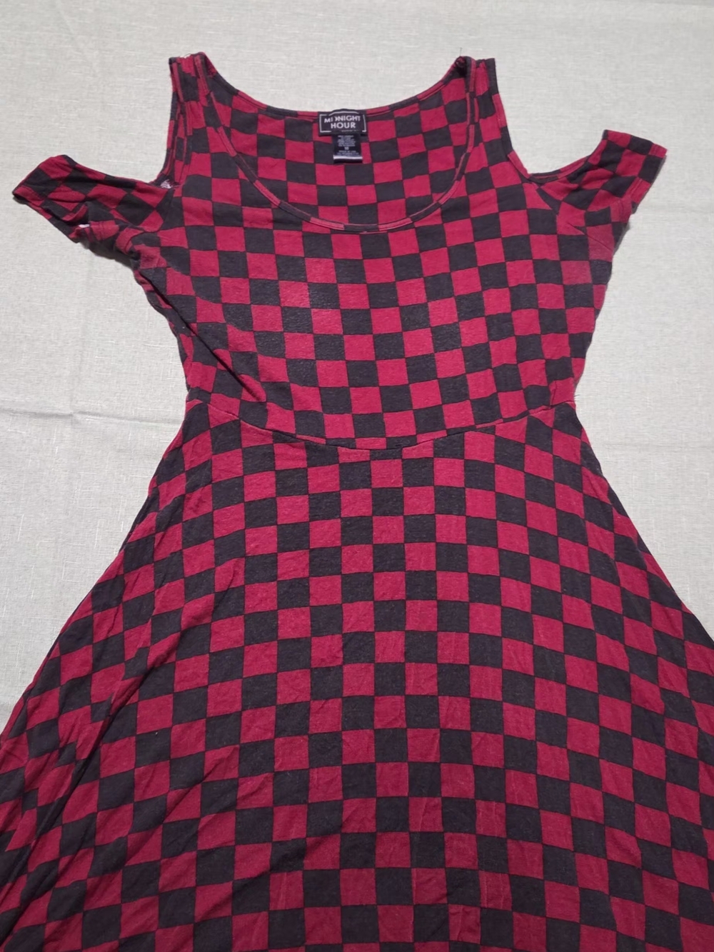 Red and Black One-Shoulder Check Fit & Flare Dress
